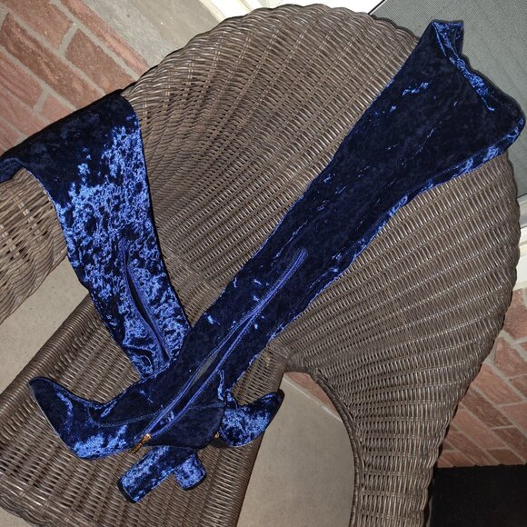 Blue Velvet Thigh High Heeled Boots - Picture 1 of 5